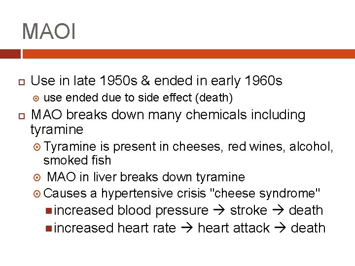 MAOI Use in late 1950 s & ended in early 1960 s use ended