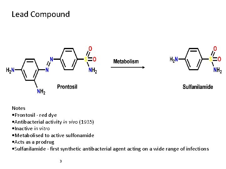 Lead Compound Notes • Prontosil - red dye • Antibacterial activity in vivo (1935)