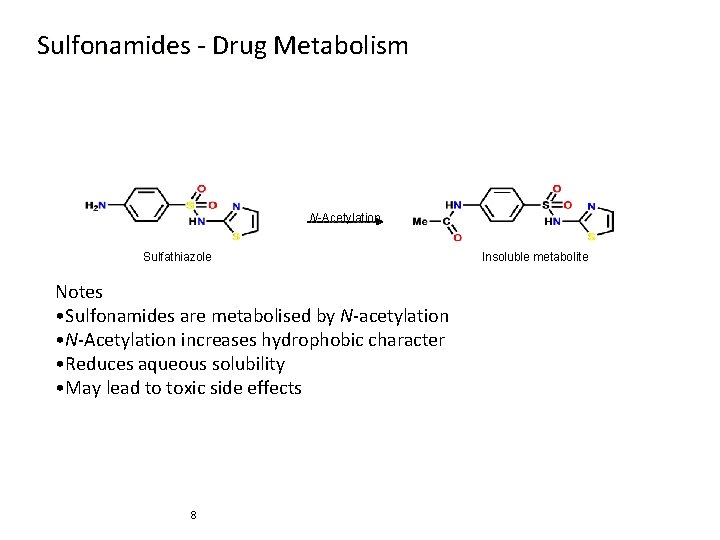 Sulfonamides - Drug Metabolism N-Acetylation Sulfathiazole Notes • Sulfonamides are metabolised by N-acetylation •