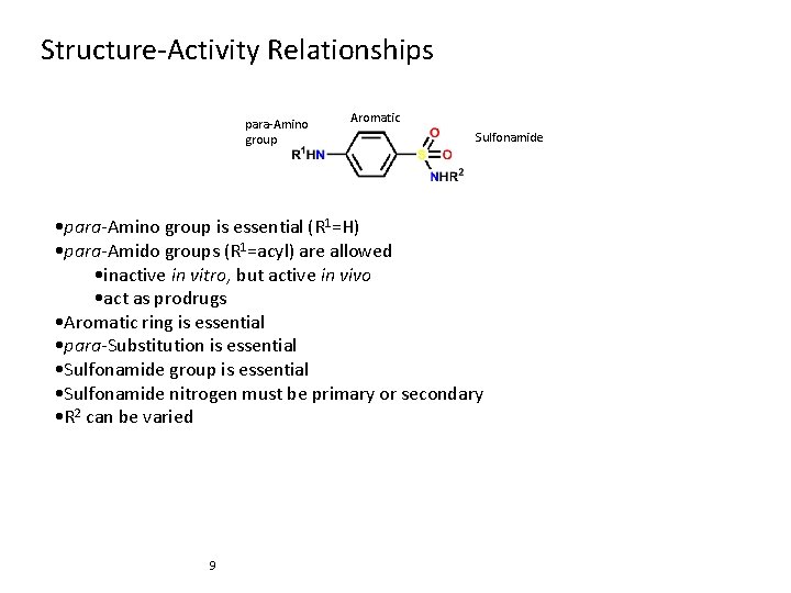 Structure-Activity Relationships para-Amino group Aromatic Sulfonamide • para-Amino group is essential (R 1=H) •