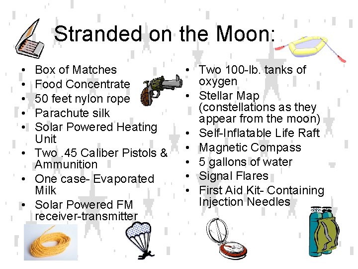 Stranded on the Moon: • • • Box of Matches Food Concentrate 50 feet Stranded on the Moon: • • • Box of Matches Food Concentrate 50 feet