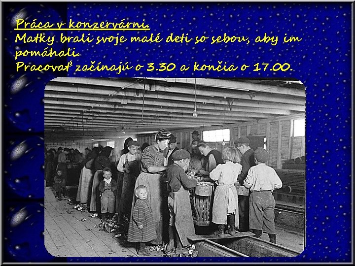 Práca v konzervárni. Matky brali svoje malé deti so sebou, aby im pomáhali. Pracovať