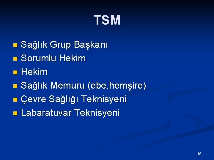 TSM Sağlık Grup Başkanı n Sorumlu Hekim n Sağlık Memuru (ebe, hemşire) n Çevre