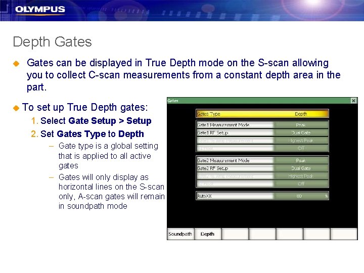Depth Gates u Gates can be displayed in True Depth mode on the S-scan Depth Gates u Gates can be displayed in True Depth mode on the S-scan
