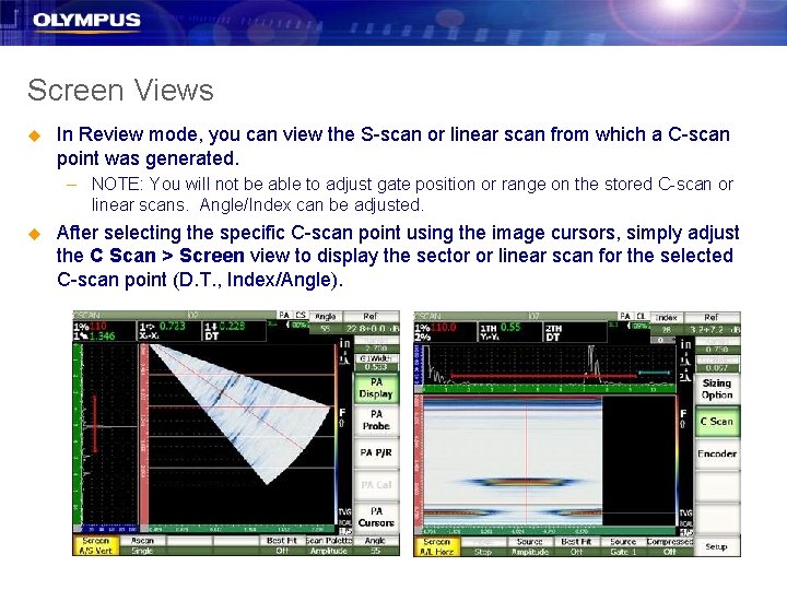 Screen Views u In Review mode, you can view the S-scan or linear scan Screen Views u In Review mode, you can view the S-scan or linear scan