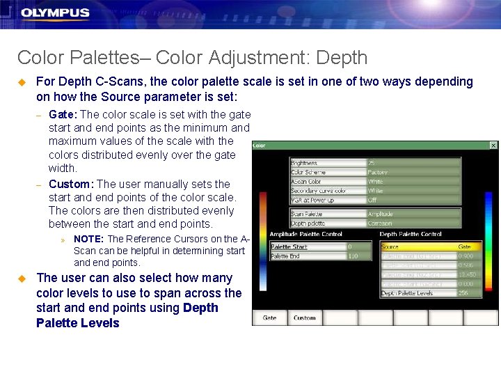 Color Palettes– Color Adjustment: Depth u For Depth C-Scans, the color palette scale is Color Palettes– Color Adjustment: Depth u For Depth C-Scans, the color palette scale is