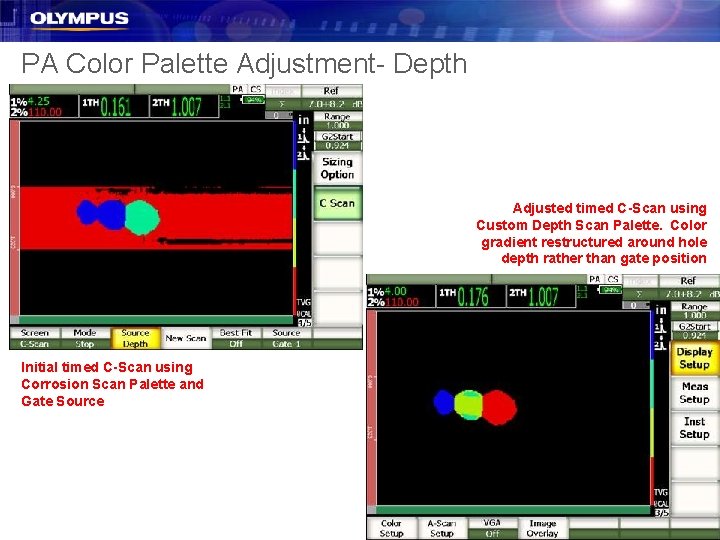 PA Color Palette Adjustment- Depth Adjusted timed C-Scan using Custom Depth Scan Palette. Color PA Color Palette Adjustment- Depth Adjusted timed C-Scan using Custom Depth Scan Palette. Color