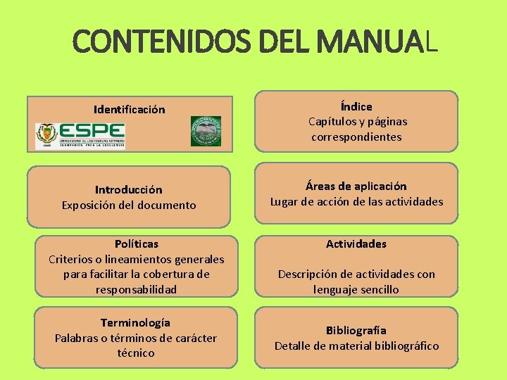 CONTENIDOS DEL MANUAL Identificación Índice Capítulos y páginas correspondientes Introducción Exposición del documento Áreas