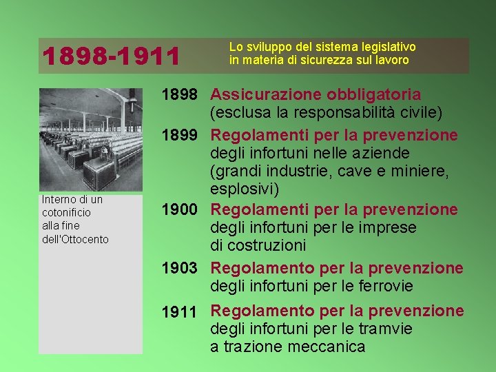 1898 -1911 Interno di un cotonificio alla fine dell'Ottocento Lo sviluppo del sistema legislativo