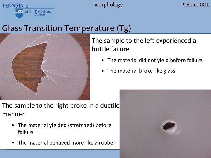 Morphology Plastics 001 Glass Transition Temperature (Tg) The sample to the left experienced a