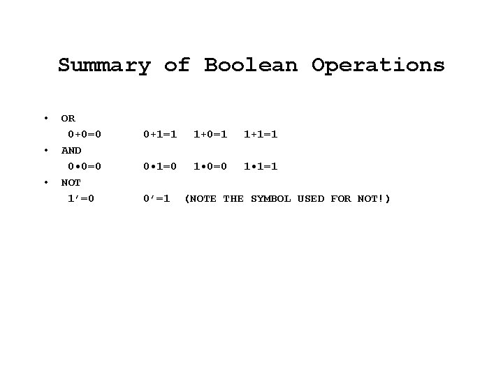 Summary of Boolean Operations • • • OR 0+0=0 AND 0 • 0=0 NOT