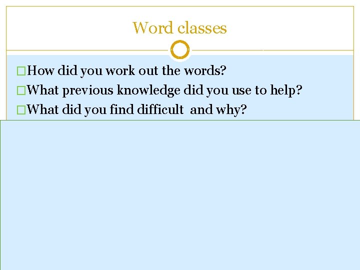 Word classes �How did you work out the words? �What previous knowledge did you
