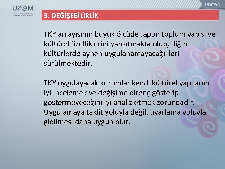 Ünite 5 3. DEĞİŞEBİLİRLİK TKY anlayışının büyük ölçüde Japon toplum yapısı ve kültürel özelliklerini