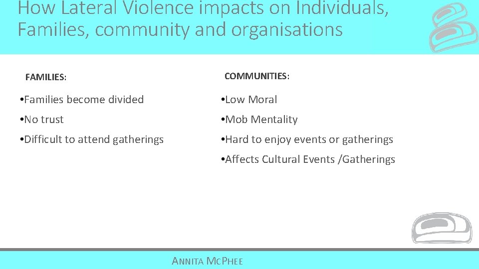 How Lateral Violence impacts on Individuals, Families, community and organisations FAMILIES: COMMUNITIES: • Families