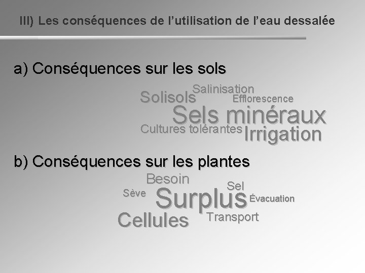 III) Les conséquences de l’utilisation de l’eau dessalée a) Conséquences sur les sols Salinisation