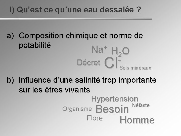 I) Qu’est ce qu’une eau dessalée ? a) Composition chimique et norme de potabilité