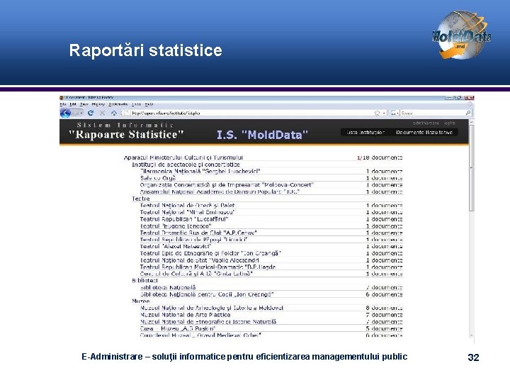 Raportări statistice E-Administrare – soluţii informatice pentru eficientizarea managementului public 32 