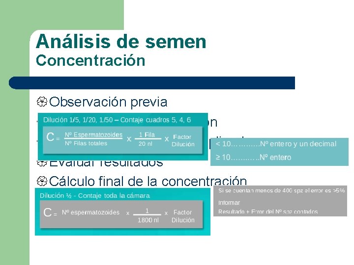 Análisis de semen Concentración { Observación previa { Dilución según observación { Contaje en