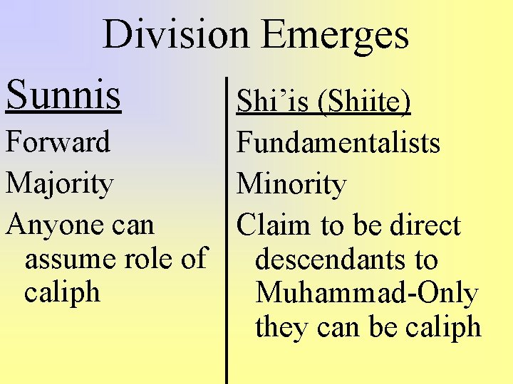 Division Emerges Sunnis Shi’is (Shiite) Forward Fundamentalists Majority Minority Anyone can Claim to be