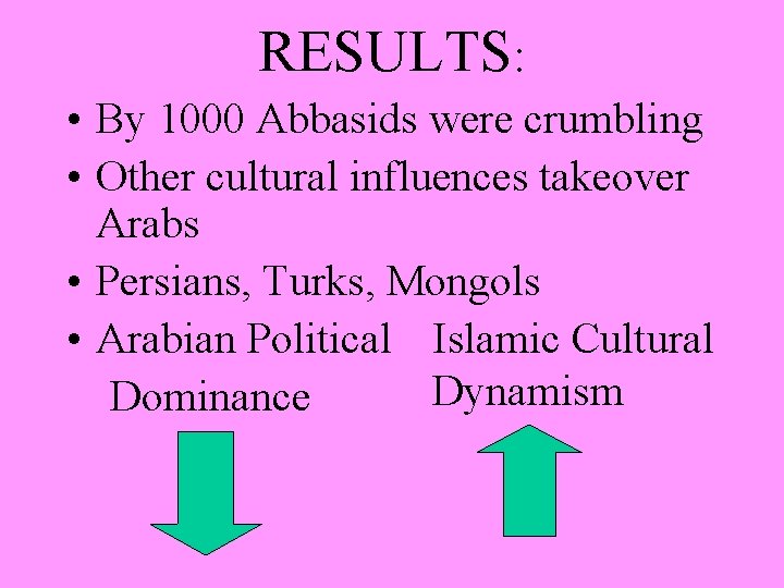 RESULTS: • By 1000 Abbasids were crumbling • Other cultural influences takeover Arabs •