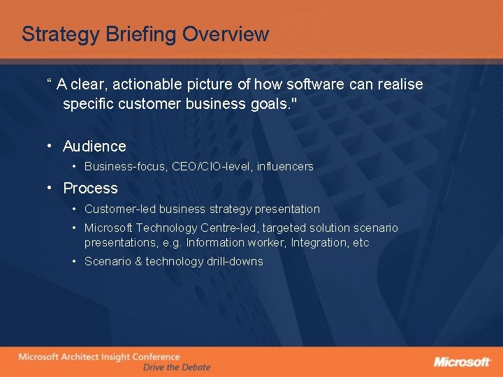 Strategy Briefing Overview “ A clear, actionable picture of how software can realise specific