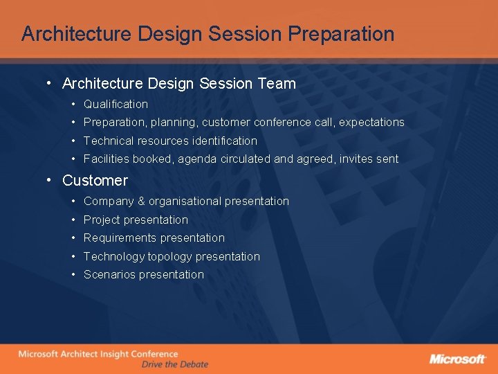 Architecture Design Session Preparation • Architecture Design Session Team • Qualification • Preparation, planning,