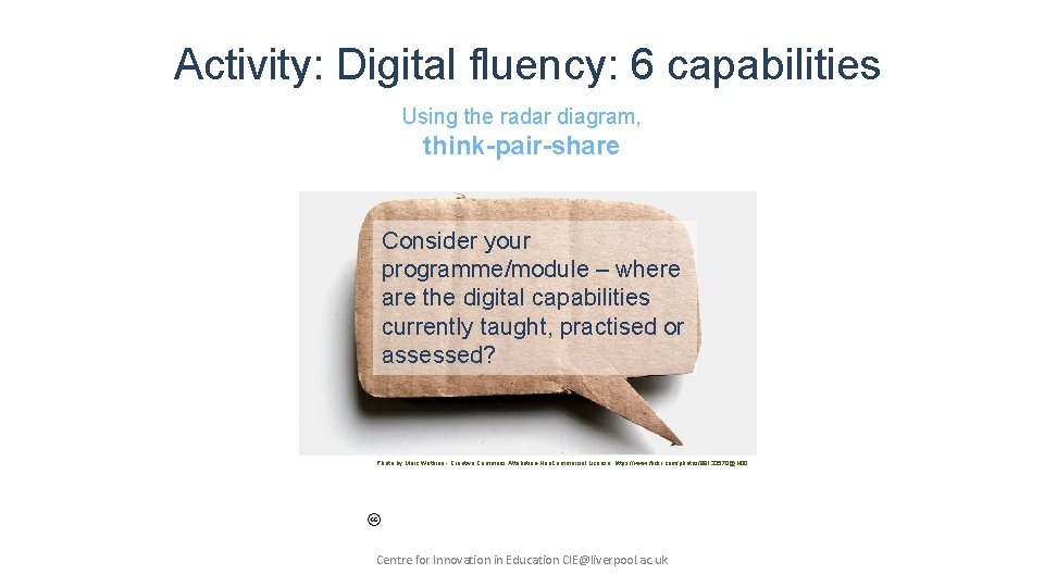 Activity: Digital fluency: 6 capabilities Using the radar diagram, think-pair-share Consider your programme/module –