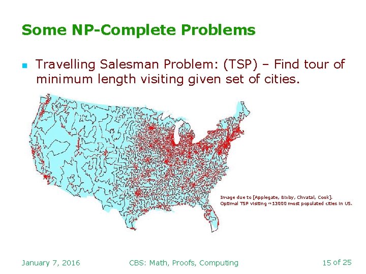 Some NP-Complete Problems n Travelling Salesman Problem: (TSP) – Find tour of minimum length