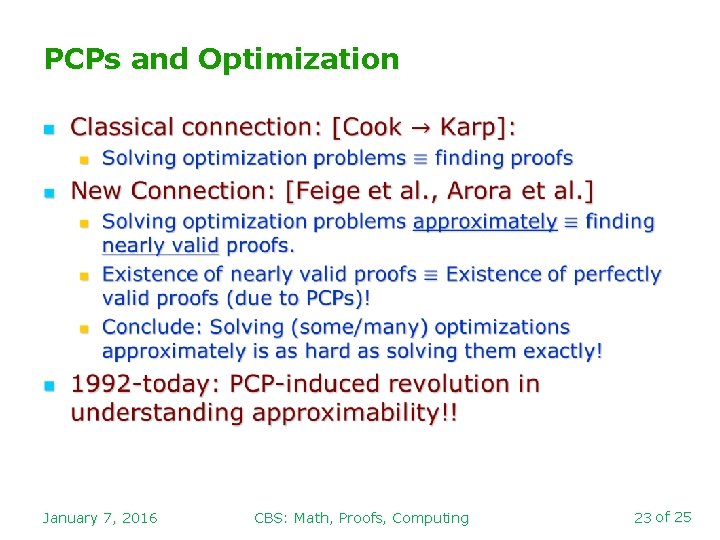PCPs and Optimization n January 7, 2016 CBS: Math, Proofs, Computing 23 of 25