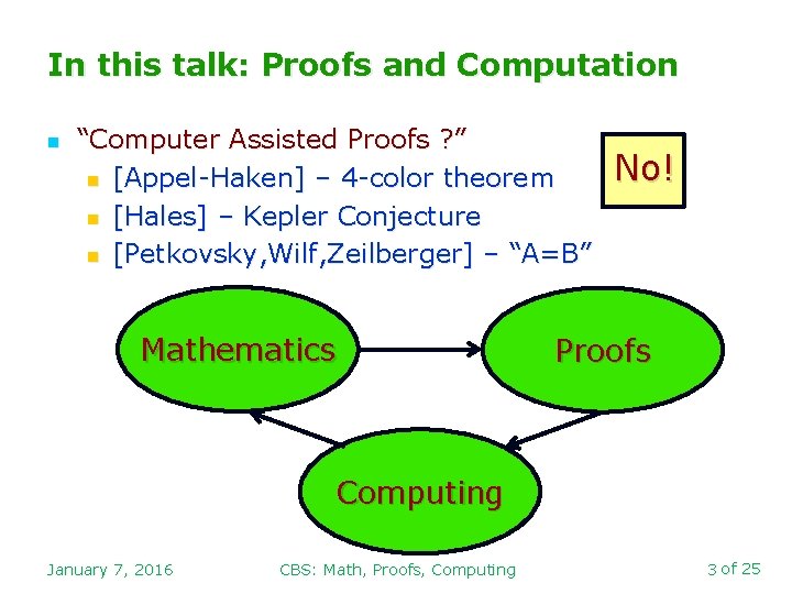In this talk: Proofs and Computation n “Computer Assisted Proofs ? ” n [Appel-Haken]