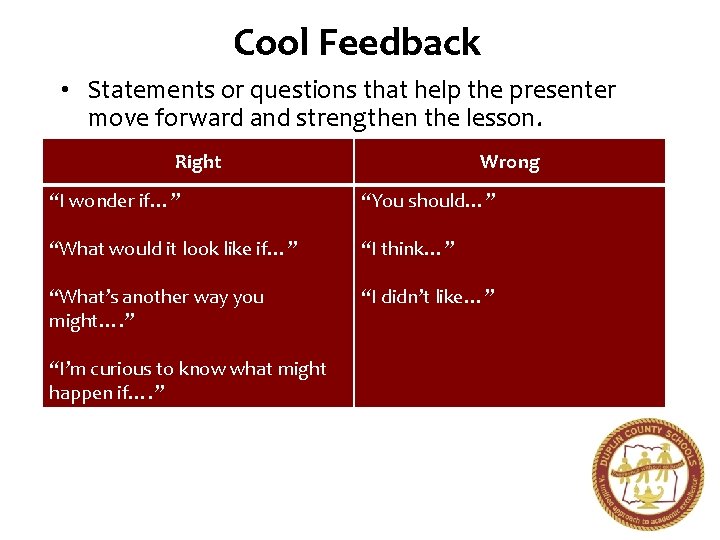 Cool Feedback • Statements or questions that help the presenter move forward and strengthen