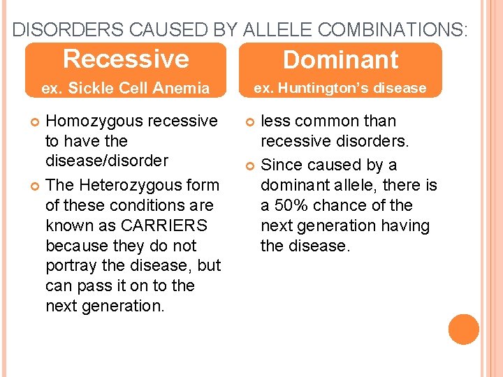 DISORDERS CAUSED BY ALLELE COMBINATIONS: Recessive Dominant ex. Sickle Cell Anemia ex. Huntington’s disease