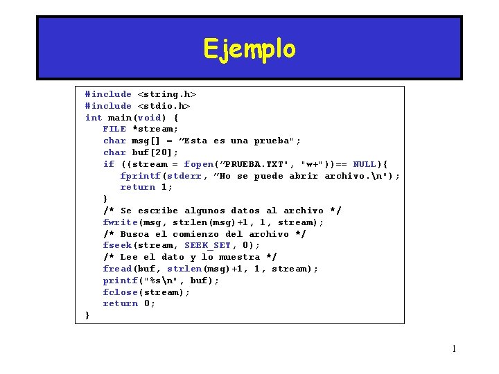 Ejemplo #include <string. h> #include <stdio. h> int main(void) { FILE *stream; char msg[]