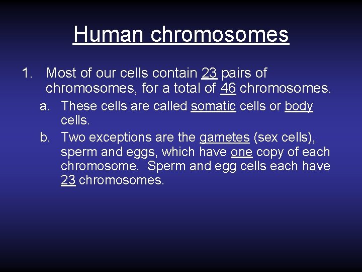 Human chromosomes 1. Most of our cells contain 23 pairs of chromosomes, for a