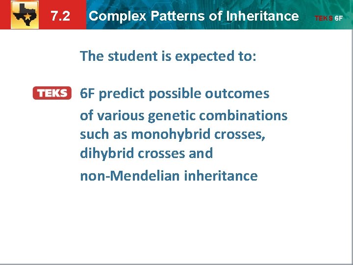 7. 2 Complex Patterns of Inheritance The student is expected to: 6 F predict