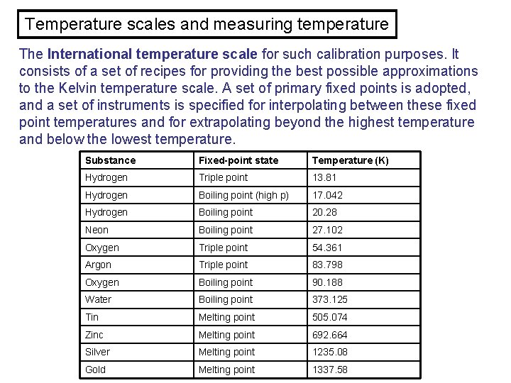 Temperature scales and measuring temperature The International temperature scale for such calibration purposes. It
