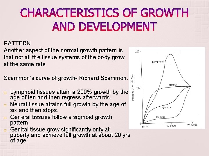 CHARACTERISTICS OF GROWTH AND DEVELOPMENT PATTERN Another aspect of the normal growth pattern is CHARACTERISTICS OF GROWTH AND DEVELOPMENT PATTERN Another aspect of the normal growth pattern is