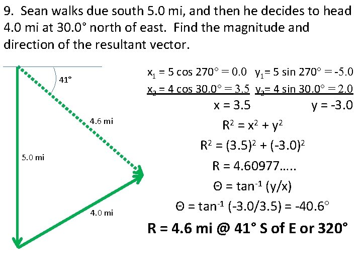 9. Sean walks due south 5. 0 mi, and then he decides to head 9. Sean walks due south 5. 0 mi, and then he decides to head