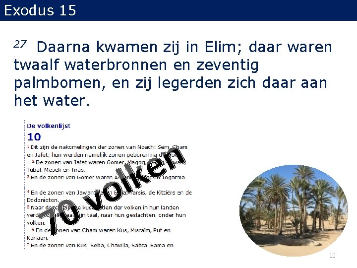 Exodus 15 Daarna kwamen zij in Elim; daar waren twaalf waterbronnen en zeventig palmbomen, Exodus 15 Daarna kwamen zij in Elim; daar waren twaalf waterbronnen en zeventig palmbomen,