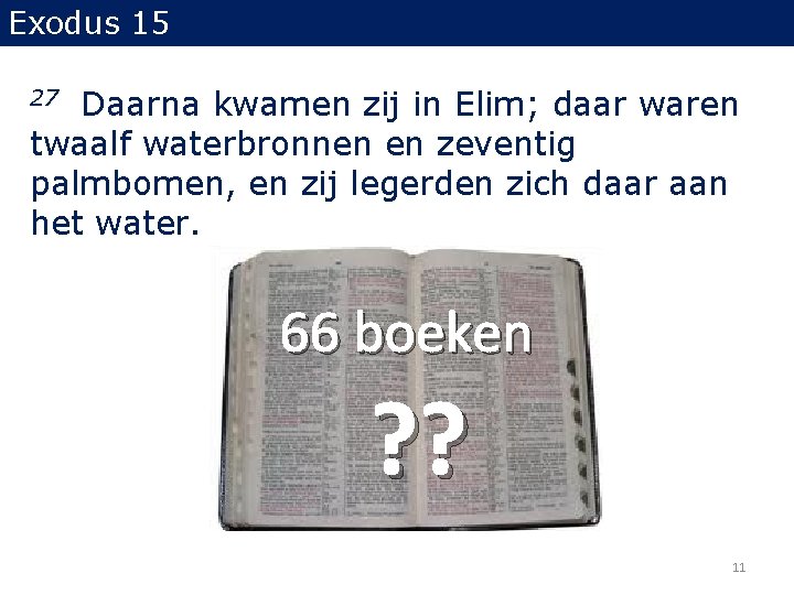 Exodus 15 Daarna kwamen zij in Elim; daar waren twaalf waterbronnen en zeventig palmbomen, Exodus 15 Daarna kwamen zij in Elim; daar waren twaalf waterbronnen en zeventig palmbomen,