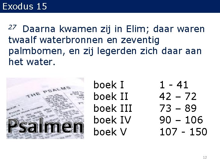 Exodus 15 Daarna kwamen zij in Elim; daar waren twaalf waterbronnen en zeventig palmbomen, Exodus 15 Daarna kwamen zij in Elim; daar waren twaalf waterbronnen en zeventig palmbomen,