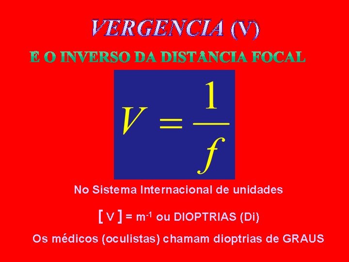 VERGENCIA (V) No Sistema Internacional de unidades [ V ] = m-1 ou DIOPTRIAS