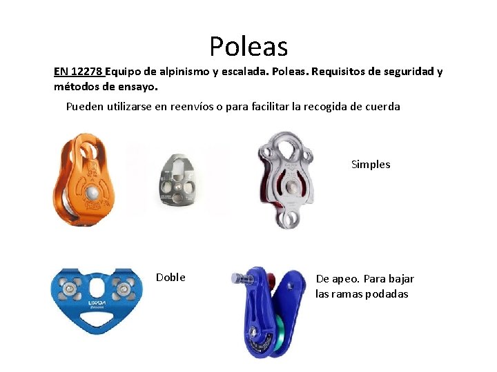 Poleas EN 12278 Equipo de alpinismo y escalada. Poleas. Requisitos de seguridad y métodos