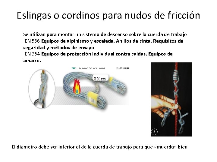 Eslingas o cordinos para nudos de fricción Se utilizan para montar un sistema de