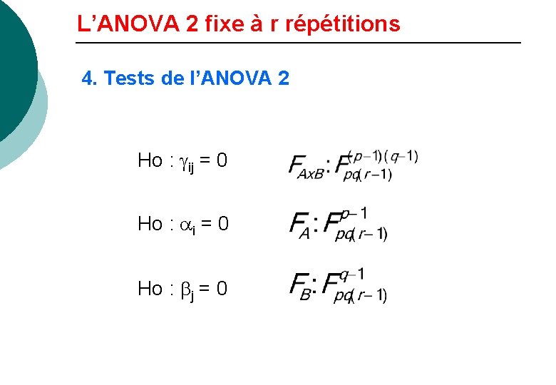 L’ANOVA 2 fixe à r répétitions 4. Tests de l’ANOVA 2 Ho : gij