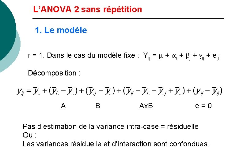 L’ANOVA 2 sans répétition 1. Le modèle r = 1. Dans le cas du
