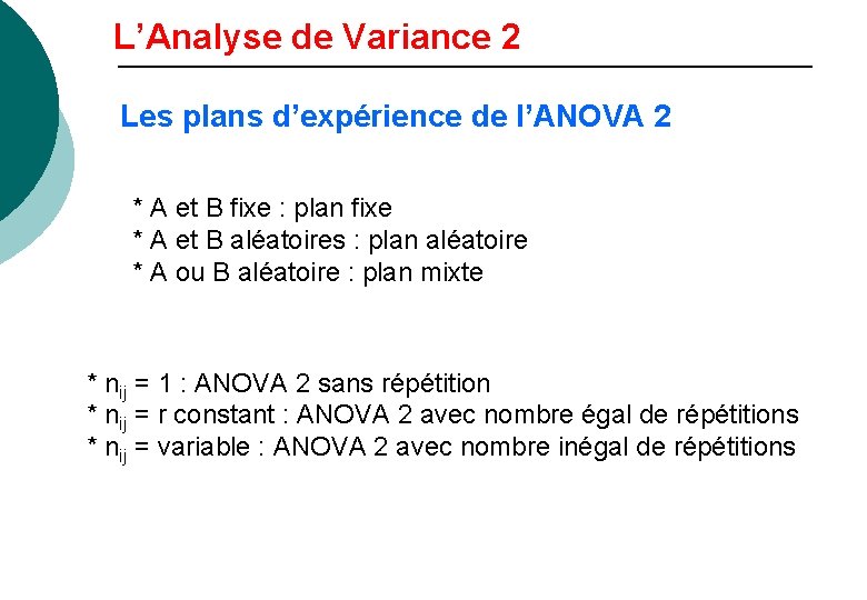 L’Analyse de Variance 2 Les plans d’expérience de l’ANOVA 2 * A et B