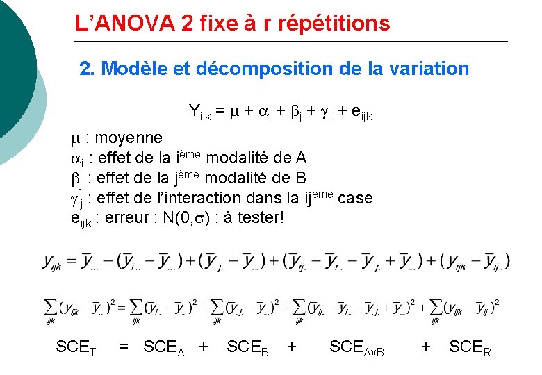 L’ANOVA 2 fixe à r répétitions 2. Modèle et décomposition de la variation Yijk