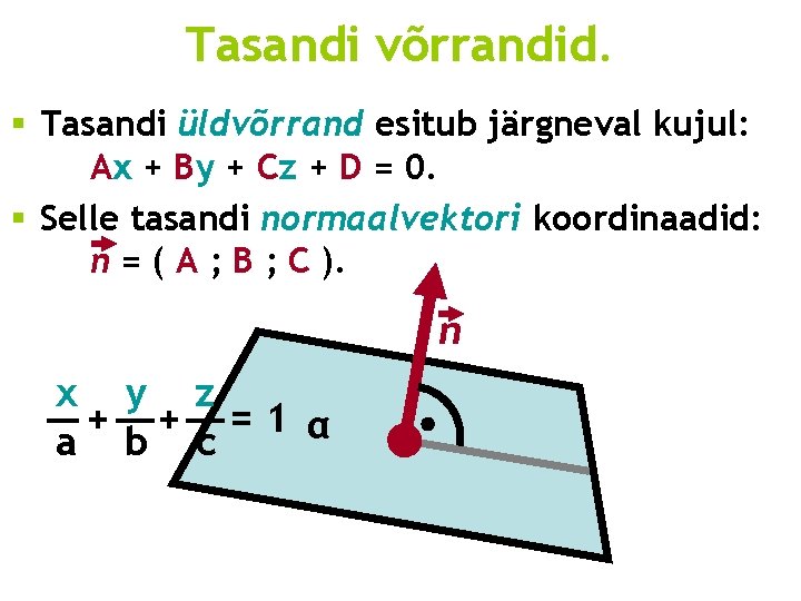 Tasandi võrrandid. § Tasandi üldvõrrand esitub järgneval kujul: Ax + By + Cz +