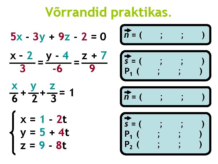 Võrrandid praktikas. 5 x - 3 y + 9 z - 2 = 0